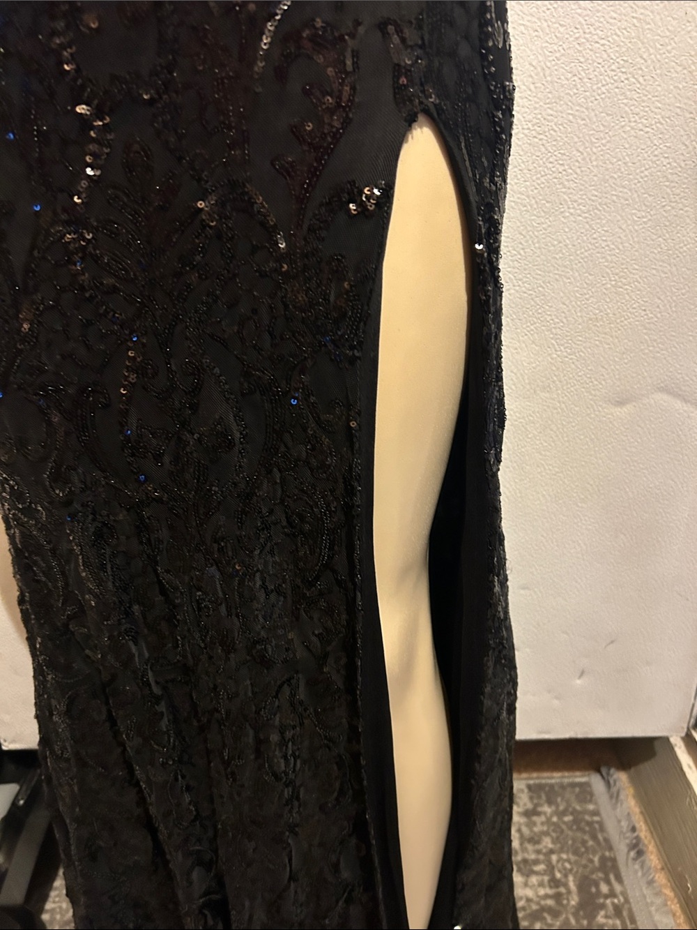 Black Strapless Sequin Evening Gown with Thigh Slit - Picture 5 of 14